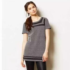 Anthropologie Postmark Basketweave Short Sleeve Tunic Top Black White Stretch S
